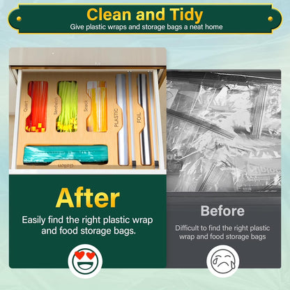 Bamboo Ziplock Bag Storage Organizer for Kitchen,  6 in 1 Drawer Organizer with Slider, Plastic Wrap Dispenser with Cutter