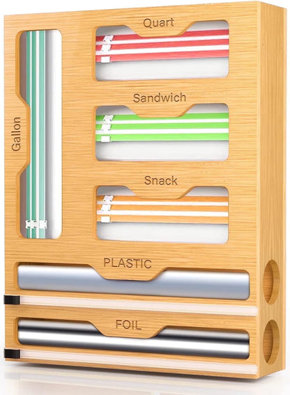 Bamboo Ziplock Bag Storage Organizer for Kitchen,  6 in 1 Drawer Organizer with Slider, Plastic Wrap Dispenser with Cutter
