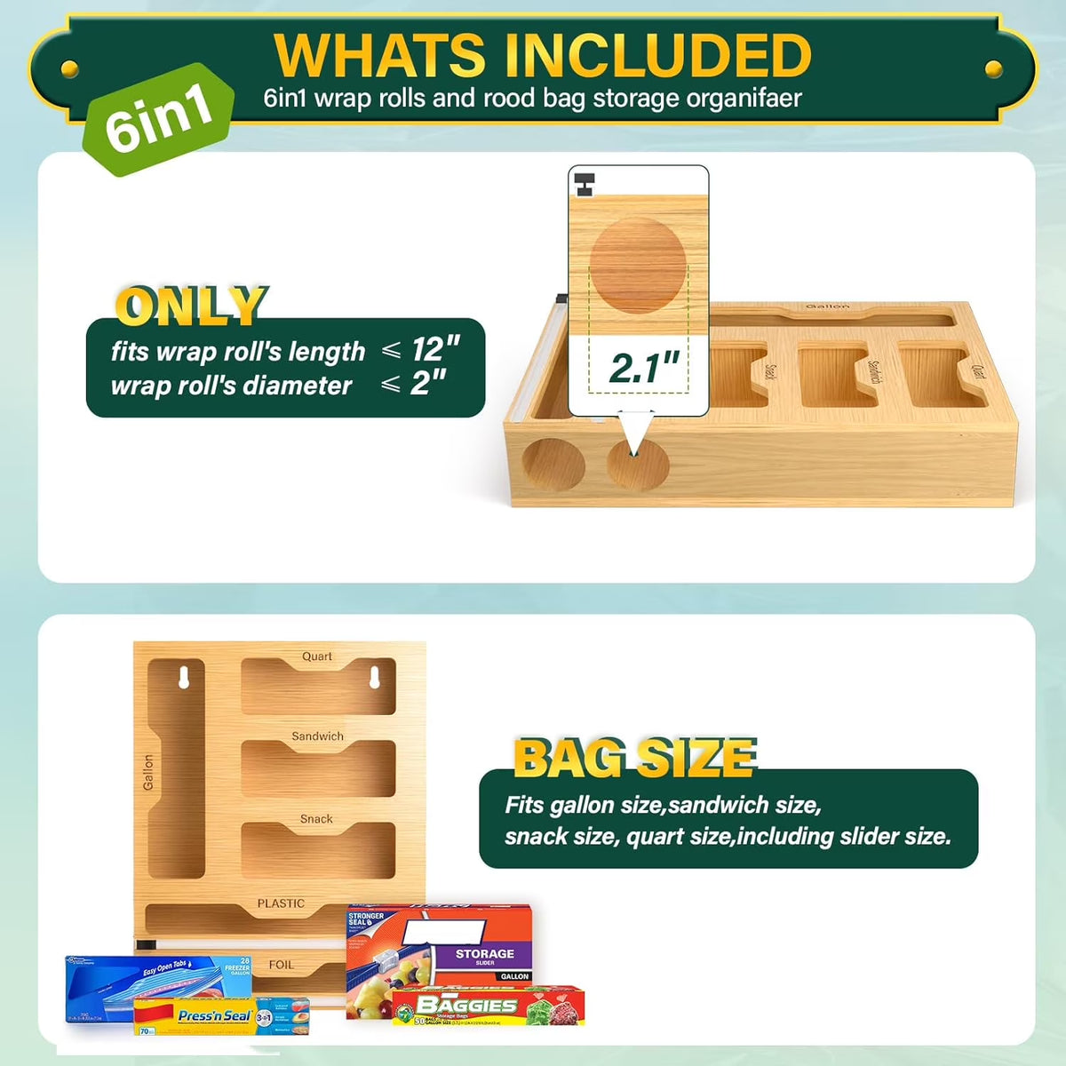 Bamboo Ziplock Bag Storage Organizer for Kitchen,  6 in 1 Drawer Organizer with Slider, Plastic Wrap Dispenser with Cutter