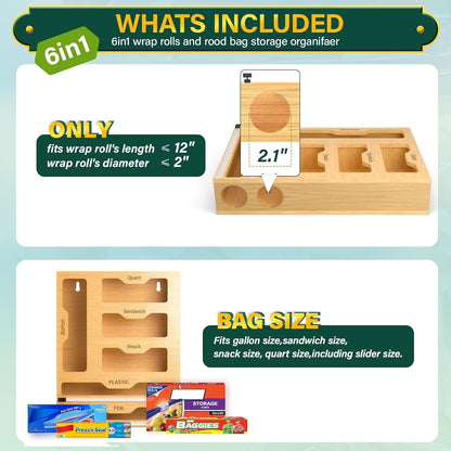Bamboo Ziplock Bag Storage Organizer for Kitchen,  6 in 1 Drawer Organizer with Slider, Plastic Wrap Dispenser with Cutter