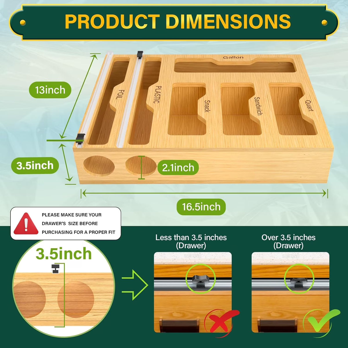 Bamboo Ziplock Bag Storage Organizer for Kitchen,  6 in 1 Drawer Organizer with Slider, Plastic Wrap Dispenser with Cutter