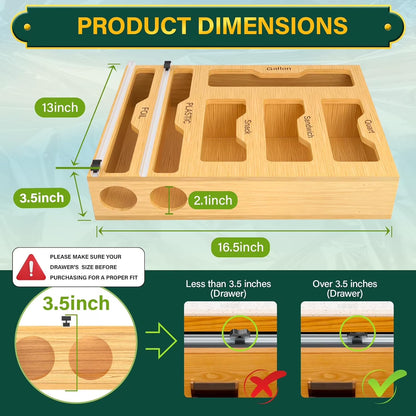 Bamboo Ziplock Bag Storage Organizer for Kitchen,  6 in 1 Drawer Organizer with Slider, Plastic Wrap Dispenser with Cutter
