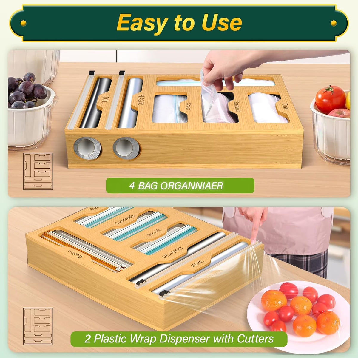 Bamboo Ziplock Bag Storage Organizer for Kitchen,  6 in 1 Drawer Organizer with Slider, Plastic Wrap Dispenser with Cutter