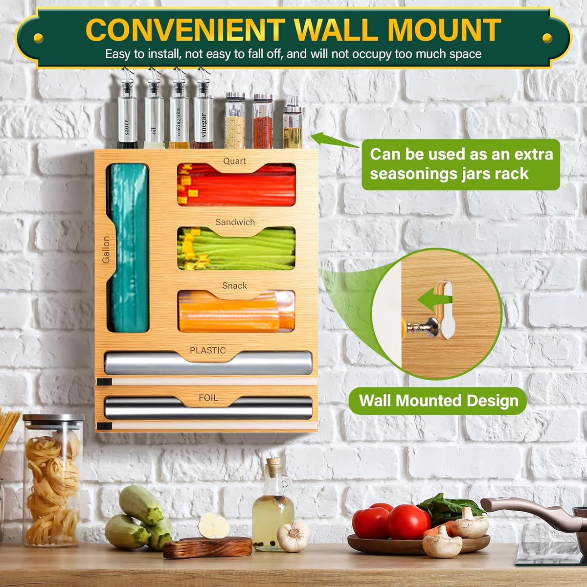 Bamboo Ziplock Bag Storage Organizer for Kitchen,  6 in 1 Drawer Organizer with Slider, Plastic Wrap Dispenser with Cutter
