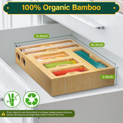 Bamboo Ziplock Bag Storage Organizer for Kitchen,  6 in 1 Drawer Organizer with Slider, Plastic Wrap Dispenser with Cutter