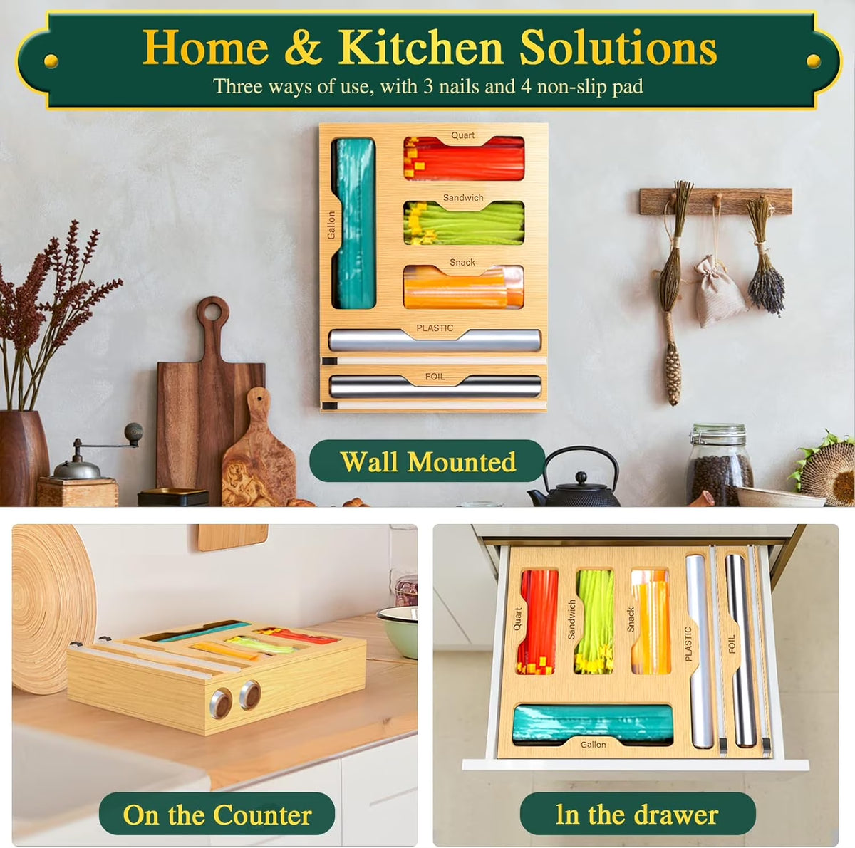 Bamboo Ziplock Bag Storage Organizer for Kitchen,  6 in 1 Drawer Organizer with Slider, Plastic Wrap Dispenser with Cutter